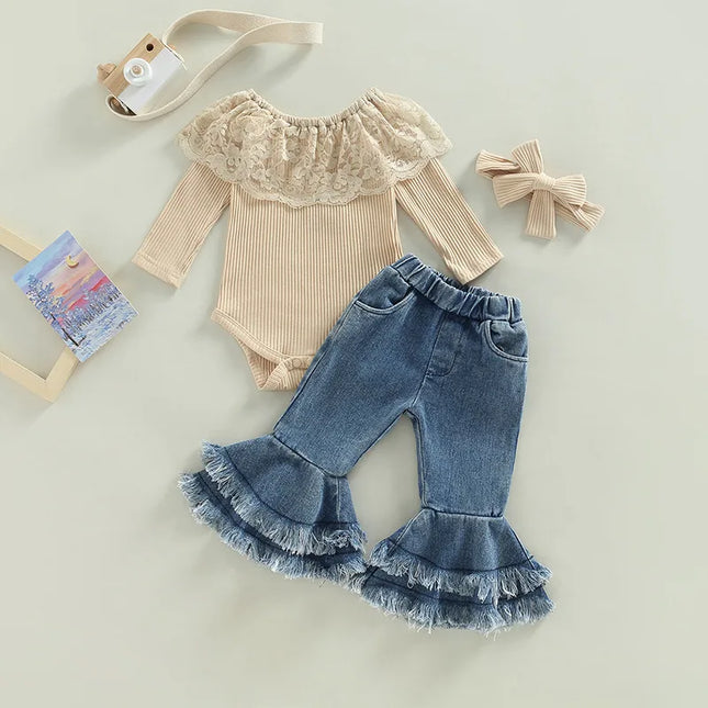 0-24months Baby Girls Pants Suit Long Sleeve Round Neck Lace Romper Tops Denim Bell-Bottoms Headband Clothes Set