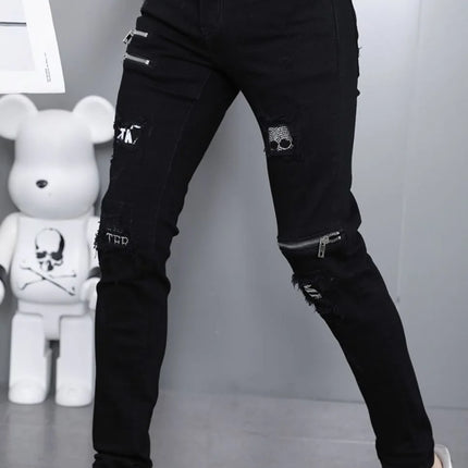 2024 Spring and Autumn Fashion Trend Black Straight Leg Ripped Jeans Men's Casual Comfort Breathable High-Quality Denim Pants