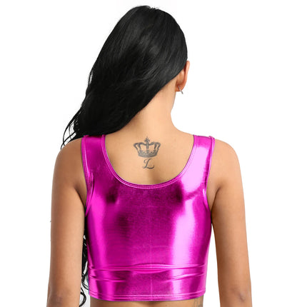 Womens Fashion Shiny Metallic Tank Crop Top Shiny Metallic Vest Tops Bustier Blouse Shirt Camis Rave Party Clubwear Costume