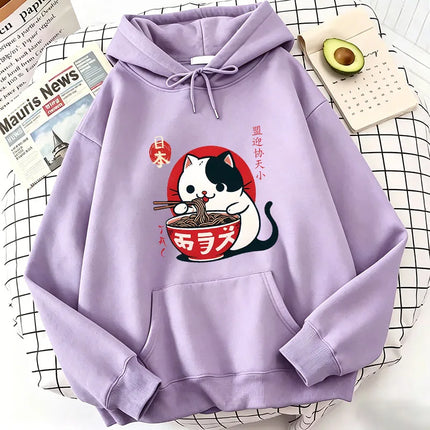 Japanese Style Cat Eat Ramen Hoodie Manga Cat Children's Sweatshirt Cute Hoody Casual Hoodies Spring Unisex Clothes