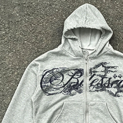 Y2K Harajuku Punk Style Hooded Zipper Hoodie Retro American Alphabet Men and Women with Millennium Style Jacket