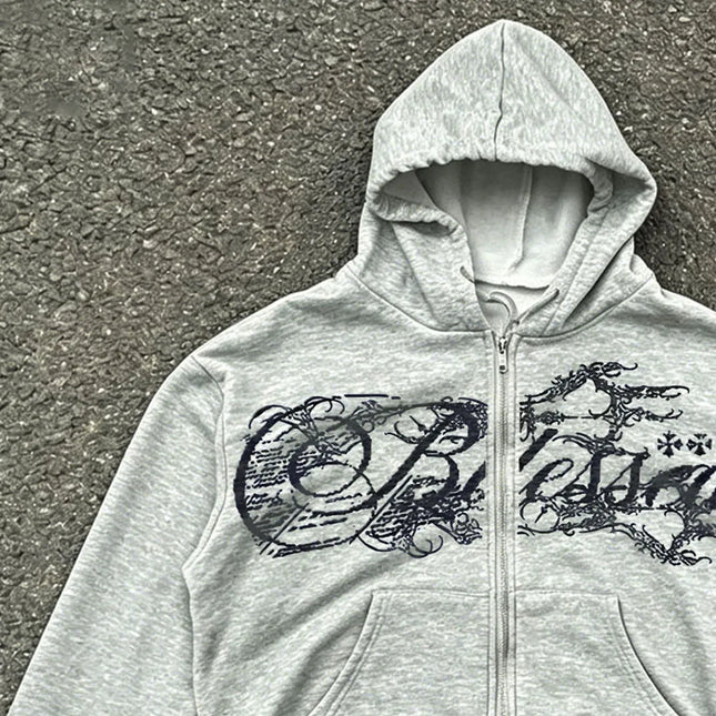 Y2K Harajuku Punk Style Hooded Zipper Hoodie Retro American Alphabet Men and Women with Millennium Style Jacket