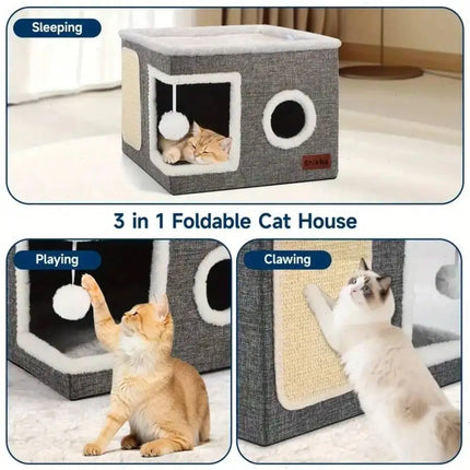 4-Season Multi-Level Cat House: Foldable Indoor Play Cube with 2-Layer Bed, Toy Tunnel, Scratching Board, Climbing Rope, Soft Cushions, and Non-Slip Base - Perfect Cat Cave & Warm Bed for Small to Large Cats (Grey）