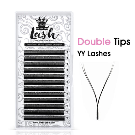 MASSCAKU U Shape YY False Eyelashes 8-15mm Mix C D Curl Double Tips Lashes Extension Hand-wowen Individual Eyelash Wholesale