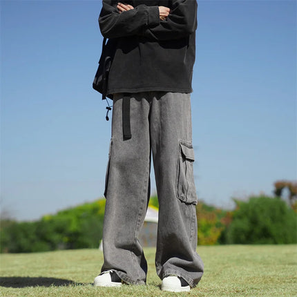 Solid Hip Hop Harajuku jeans Vintage pantalon large homme Pockets Wide Leg Baggy Jeans Men Streetwear Straight Denim Cargo Pants