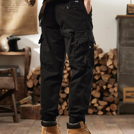 Men Tactical Cargo Joggers Multi Button Pocket Drawstring Waist Pants Vintage Military Outdoor Work Streetwear Casual Trousers