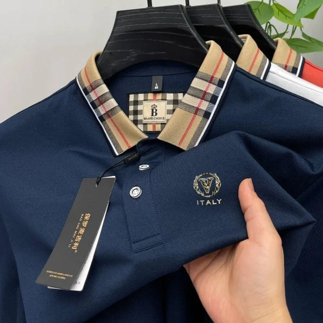 High quality silky cotton short sleeve polo shirt men's luxury brand letter embroidery striped lapel summer breathable T-shirt