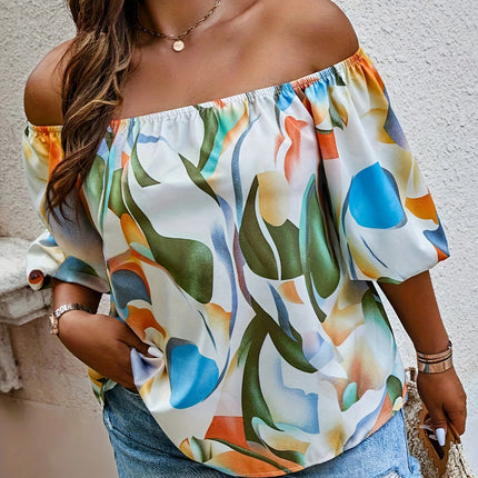 Plus Size Summer Women Elegant Shirt Casual Fashion Off the Shoulder Print Tops Vacation Loose Female Clothing