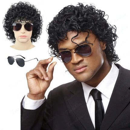 Synthetic Mens Black Short Curly Rocker Disco Wig with Glasses,Boys Wet Look Wig,70s Mullet Wig,Michael Jackson Role Play Wig