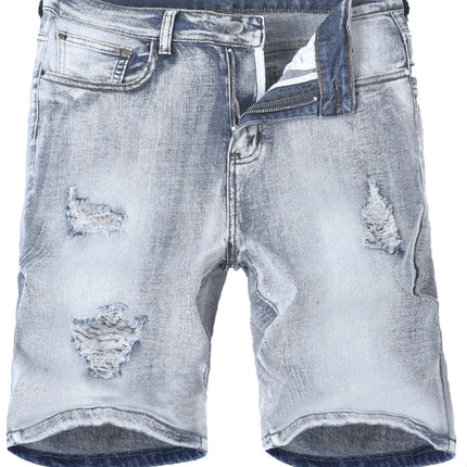 Men's denim shorts with summer frayed elastic men's casual pants slim-fit European-style shorts tight and worn-out men's pants