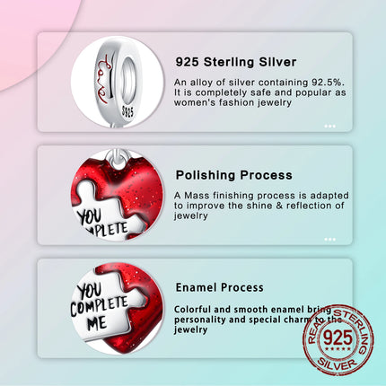 925 Sterling Silver Unique Red Puzzle Heart Dangle Charm Valentine's Day Pendant Fit Original Bracelets Women DIY Jewelry Gift