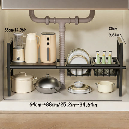 Under-Sink Kitchen Storage Rack/Shelf, Extendable, Single/Double Layer Storage Solution, Made of Steel, Perfect for Kitchen Use, Ideal for Laundry Rooms, under the Sink, Maximizes Space, Easily Stores Various Bottles and Spic