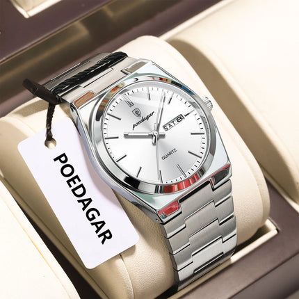 POEDAGAR Luxury Men Watch Stainless Steel Waterproof Luminous Men's Wristwatch Date Week Fashion Casual Men's Quartz Watches Reloj