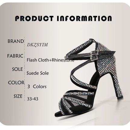 DKZSYIM Rhinestone Women Latin Dance Shoes Latin Salsa Girl Dancing Shoes Black Shiny Ballroom Dance Shoes For Girls Ladies