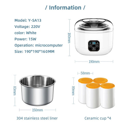 1.0L Automatic Yogurt Maker Household Multifunctional Yogurt Machine Rice Wine Natto Machine DIY Yogurt Tools with Jars 220V