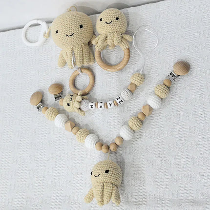 Newborn Mobile Gym Educational Ring Teething Toy Baby Cotton Baby Wooden Ring Rattle Crochet Wool Toy Customize Pacifier Chain