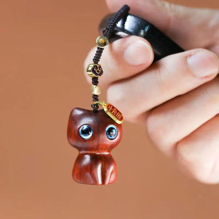 Sandalwood Wooden Cat Keychain Anime Cute Mobile Phone Chain Wooden Pendant Personality Creative Cute Accessories Hand-knitted