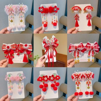 New Year Chinese-Style Hair Accessories Collection,Butterfly/Flower/Fan Designs with Fur Balls,Festive Clips for New Year Outfit