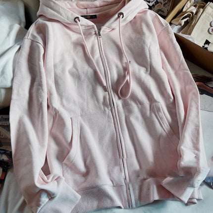 Pink Sweet Oversized Hoodie Autumn Long Sleeve Hooded Zip-up Cotton Sweatshirt Casual Simple Preppy Style Cute Hoodies Top Woman