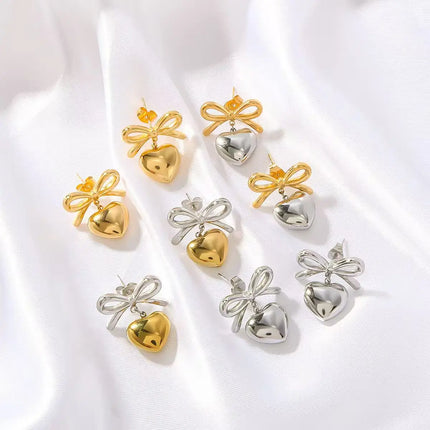 Fashionable elegant waterproof stainless steel bow heart-shaped pendant women's earrings jewelry party wedding 2025 new item