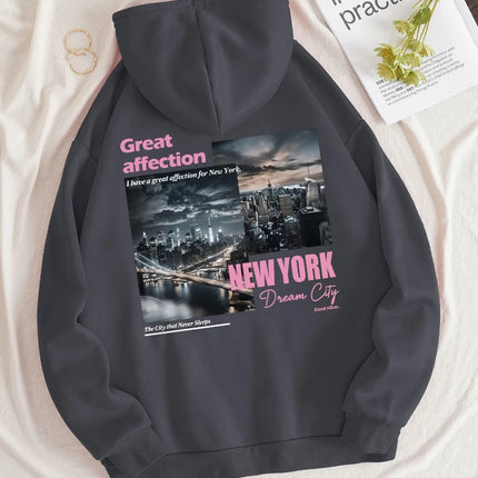 New York Dream City Printed Hoodies Casual Fashion Women Pullover Fleece Warm Pocket Sweatshirt Sporty Oversize Street Clothes