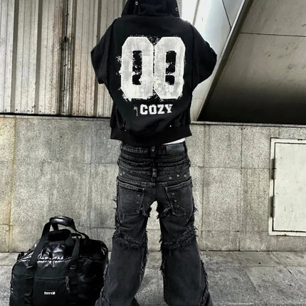 Trendy cardigan hooded sweatshirt with American print retro high street loose casual metal decorative jacket