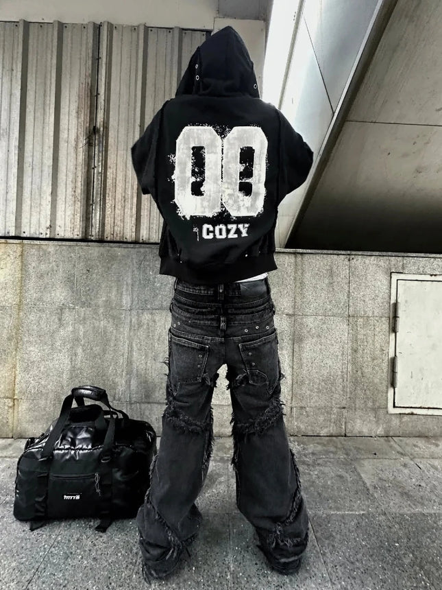 Trendy cardigan hooded sweatshirt with American print retro high street loose casual metal decorative jacket