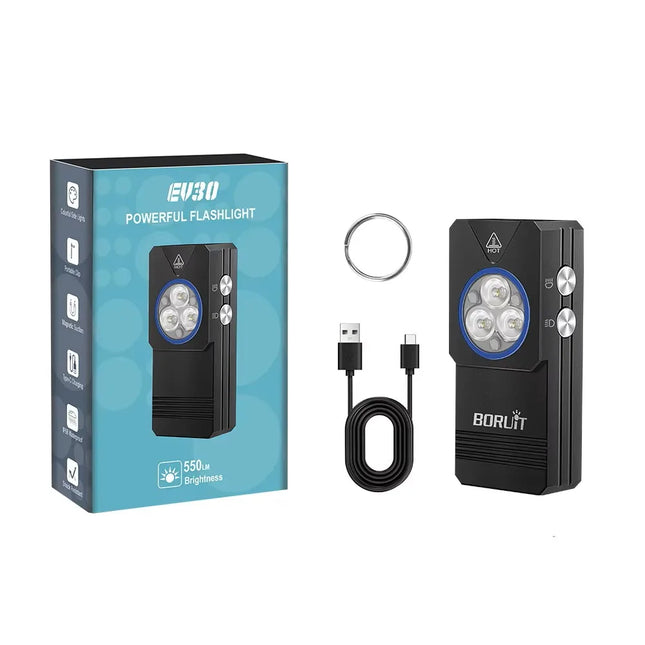 BORUiT EV30 LED Keychain Flashlight 550LM TG3 365nm UV Light Type-C Rechargeable Mini Torch Magnetic Work Light Pocket Lantern