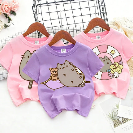 Cute Pusheens Children's Cotton T-shirt Short Sleeve Clothes Anime Popular Cartoon Kids Girl Tees Streetwear Toddler Casual Tops