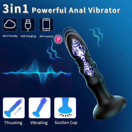 3-in-1 Prostate Massager, App-Controlled, Retractable, Vibrating, Plug-In, Suction Cup Dildo, Adult Sex Toy