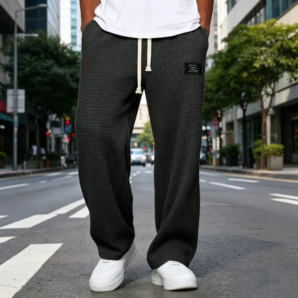 Men Breathable Waffle Knit Wide Leg Sweatpants Drawstring Label Decor Loose Straight Casual Street Sports Trousers