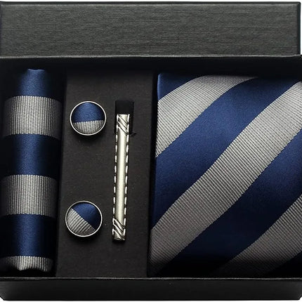 Classic 100% Silk Men's Ties In Gift box 8cm Plaid Dot Striped Business Necktie Handkerchief Cufflinks Wedding Party Tie Set