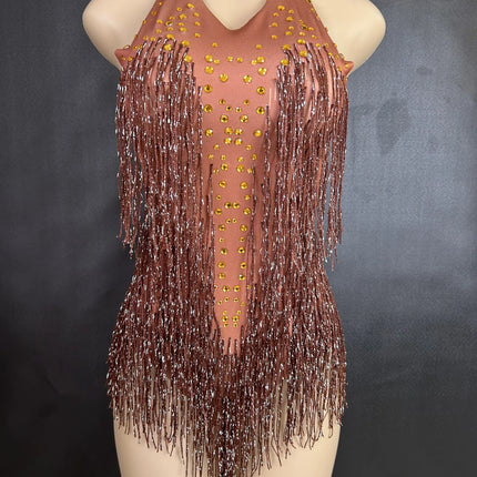 Sparkly Rhinestones Fringe Bodysuit Women Nightclub Party Dance Costume Stage Wear Sexy Tassel Leotard Performance Clothing 7G