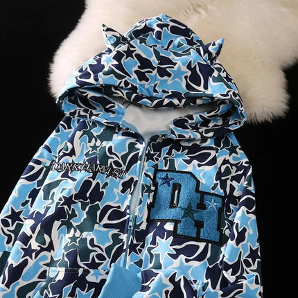 y2k all-print American camouflage hooded jacket men and women devil tide brand zipper couple pentagram hooded cardigan hot sale