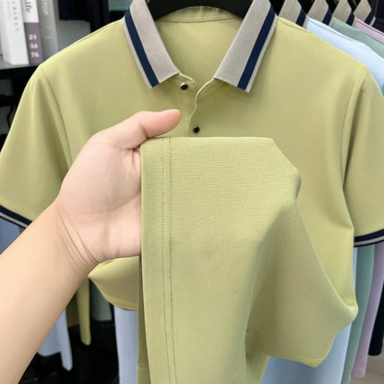 2026 Summer Ice Silk Men's Polo Shirt Color Block Collar Breathable Anti Wrinkle Smart Casual Daily Short Sleeve Top for Man