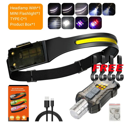 Portable XPE+COB LED Handheld Flashlight Sensor Headlamp Rechargeable Headlight Camping Search Light for Fishing 9Lighting Modes