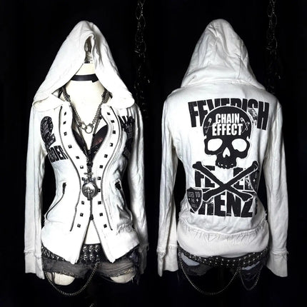 Y2K Gothic Emo Slim Fit Sweatshirt Rivet Zipper Hoodie Harajuku   Vintage Skull Graphic Print White Womens Autumn Winter Jacket