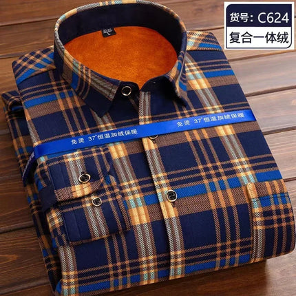 Autumn Winter Thicken Fleece Shirt Men Business Plaid Shirt Long Sleeve Warm Clothes Turn Down Collar Button Up Warm Shirts Male