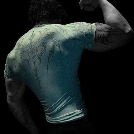 GYM T-shirt Men's Dark Gothic Print Muscle Tee  High Elasticity And Quick Drying Exercise For Bodybuilding Training 2025 Summer
