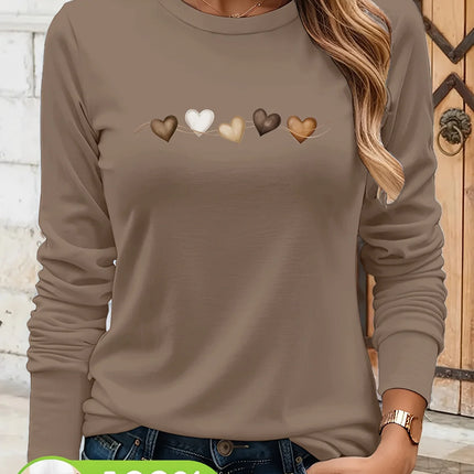 Women's Autumn and Winter 100% Pure Cotton Fashionable Casual Heart-Shaped Printed Round Neck Long-Sleeved T-Shirt Top