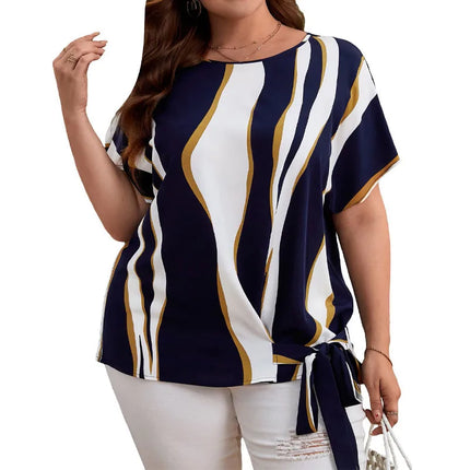 Plus Size Women's Shirts, Striped Printed Short-Sleeved Crew Neck Shirts, Elegant Work Tops with Side Knotted Design