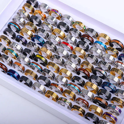 10/20/30/50Pcs/Lot Stainless Steel Fashion Ring Wood Grain Ring Men's Wedding Ring Women's Party Mixed Style Random Style