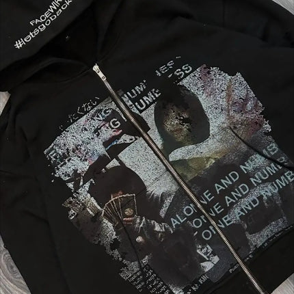 Harajuku Casual Letter Zip Oversized Hoodie Grunge Streetwear Gothic Sweatshirt Hoodies Women Tops Men Clothing Goth Y2k Clothes