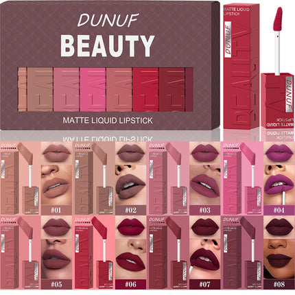 8Pcs/Set Nude Brown Matte Liquid Lipstick Velvet Sexy Dark Red Lip Glaze Non-stick Cup Not Easy To Fade Lip Gloss Lipstick Makeu