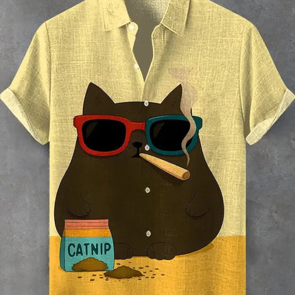 Funny Men's Cat Drinking Beer Shirts 3D Print Hawaiian Shirts Summer Men Women Short Sleeve Blouse Casual Vacation Beach Y2k Top