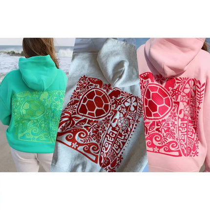 Combhasaki Women Y2K Turtle Embroidered Long Sleeve Hooded Sweatshirt with Kangaroo Pocket Drop Shoulder Loose Fit Pullover Tops