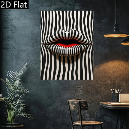 2D Flat 1pc Abstract Striped Lip Art Print - Frameless Canvas Wall Decor, Modern Retro Design with Bold Black & White Stripes