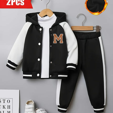 《Toddler 2-Piece Set: Black & White Letter "M" Hooded Baseball Jacket with Matching Pants, Fleece-Lined Kids Outfit》