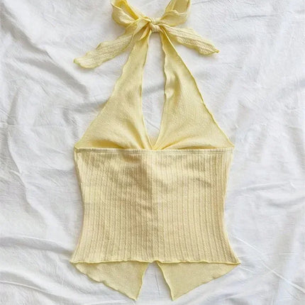 Yellow V-neck Halter Neck Top for Women Summer Y2K Clothes Sexy Sleeveless Backless Crop Top Streetwear