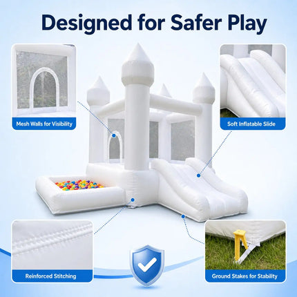 (Come with blower) 9x9x7ft Inflatable White Bounce Castle with Slide & Ball Pit For kids High‑Quality Oxford for Indoor and Outdoor Family at Birthdays and Celebration